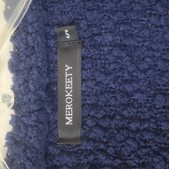 MEROKEETY Blue Long Sleeve Chunky Knit Open Front Cardigan with Large Pockets - Picture 2 of 9